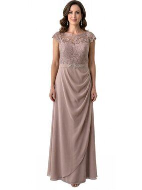 Xscape Lace and Ruched Mesh Dress with Beaded Waist Gown Sz 12 Blush